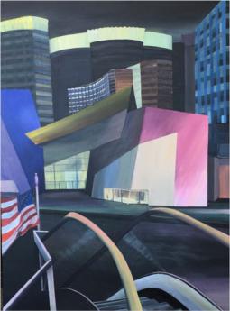 semi-abstract painting of buildings on Las Vegas Strip with car in foreground