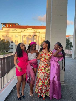 Mariane Iman Ndiaye and friends all dressed up on the Berkeley campus