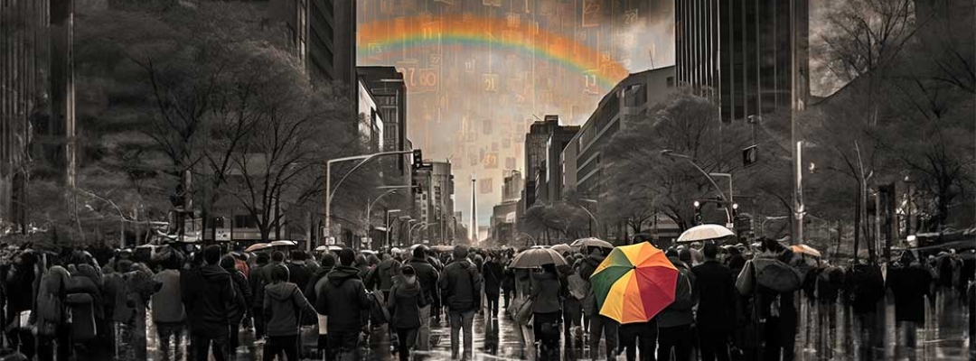 Illustration of city landscape in black and white with rainbow and umbrella in full color