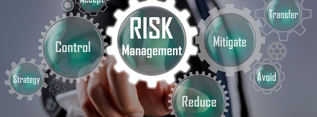 Graphical representation of risk management steps using gears labelled with Accept, Control, Mitigate, Reduce, and Avoid