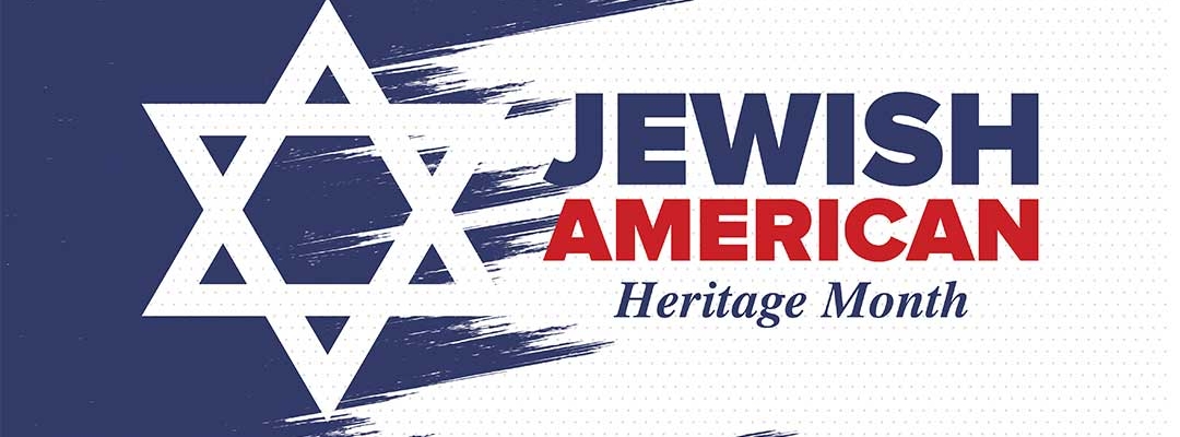 Jewish star on blue and white background with text Jewish American Heritage MOnth