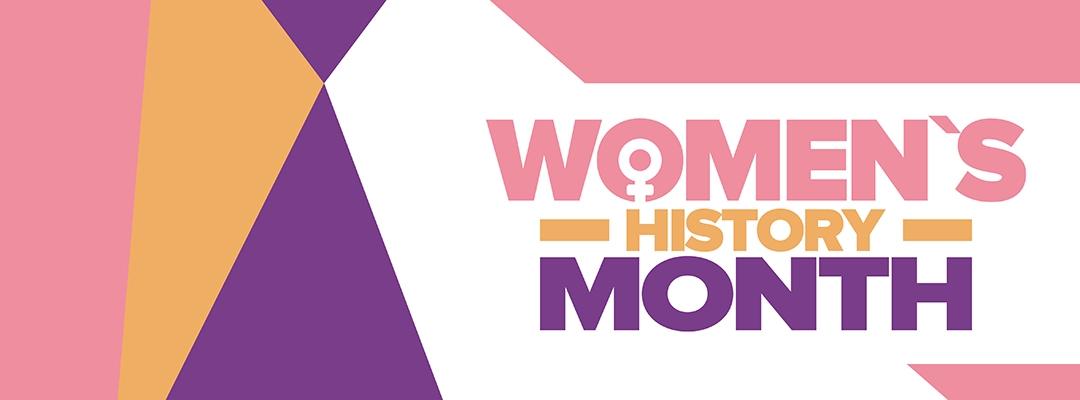 Women's History Month illustration in pink, purple and orange