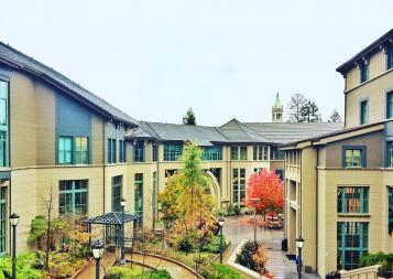 The Haas School of Business buildings in fall at Berkeley