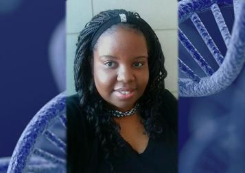 Image of instructor Sylvia Gayle on top of an image of a gene