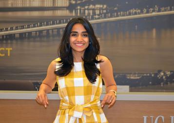 Ankita Mantri confidently leaning on table