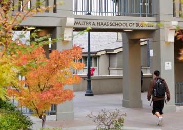 Photo of students walking under Haas School of Business archway