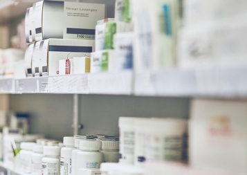 A shelf full of pharmaceutical products