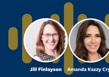 Headshots of Jill Finlayson and Amanda Kazzy Cryer on blue background