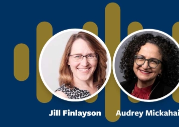 Headshots of Jill Finlayson and Audrey Mickahail on blue background