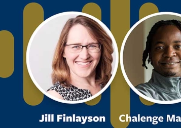 Photo of Jill Finlayson and Chalenge Masekera on blue background with yellow audio waves