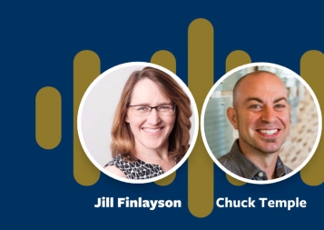 Headshots of Jill Finlayson and Chuck Temple on blue background