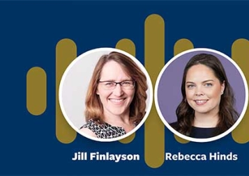 Headshots of Jill Finlayson and Rebecca Hinds on blue podcast background