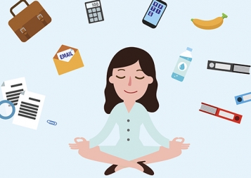 cartoon woman meditating to reduce stress