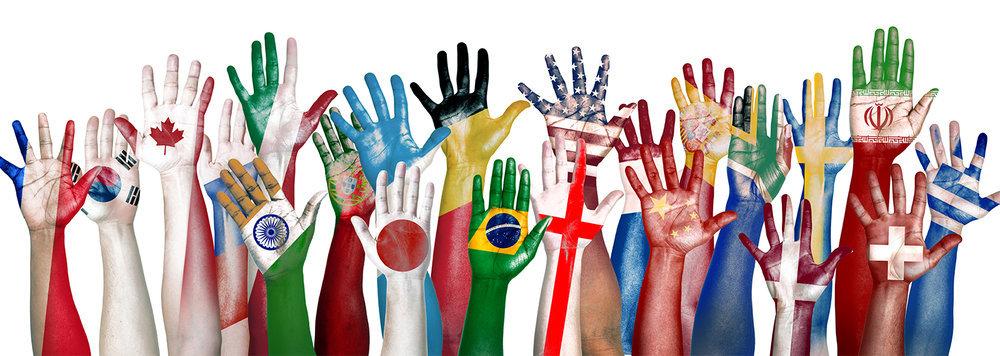 Hands with different country flags