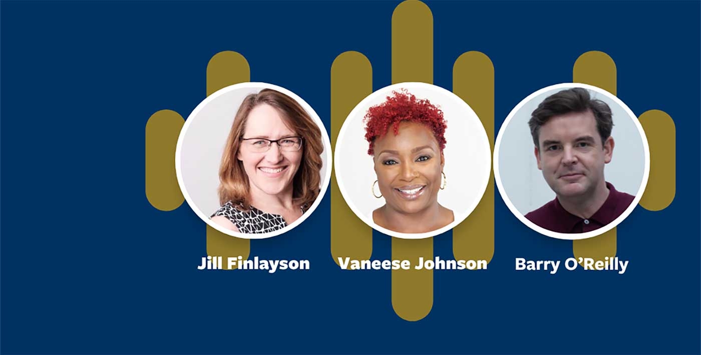 Jill Finlayson, Vaneese Johnson and Barry O'Reilly headshots on a blue background