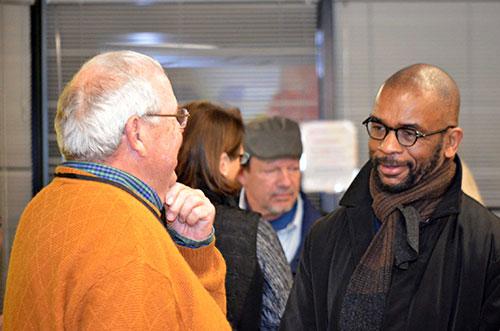 Advisory board member Gordon Dunne speaks with instructor Frank Pare, who is President and Founder of the PFP Wealth Management Group and President of the National Financial Planning Association