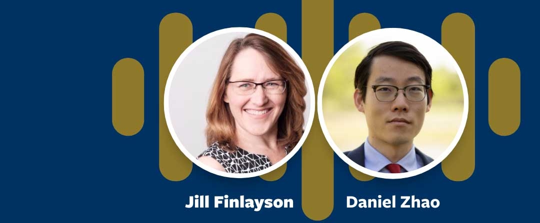 Headshots of Jill Finlayson and Daniel Zhao on blue background