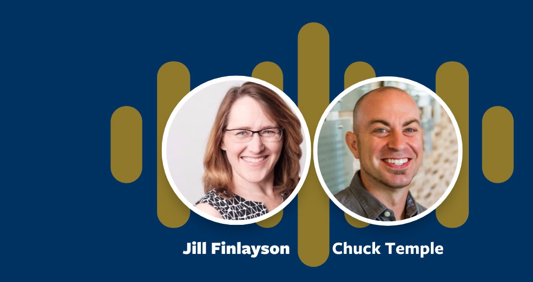 Headshots of Jill Finlayson and Chuck Temple on a blue background