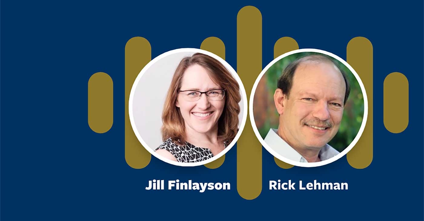 headshots of Jill Finlayson and Richard Lehman on blue background