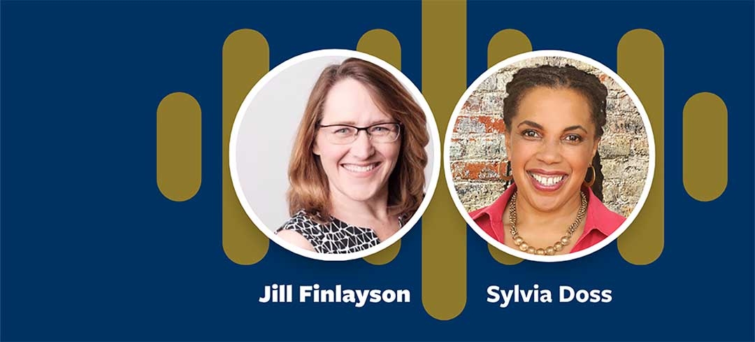 Headshots of Jill Finlayson and Sylvia Doss on blue background