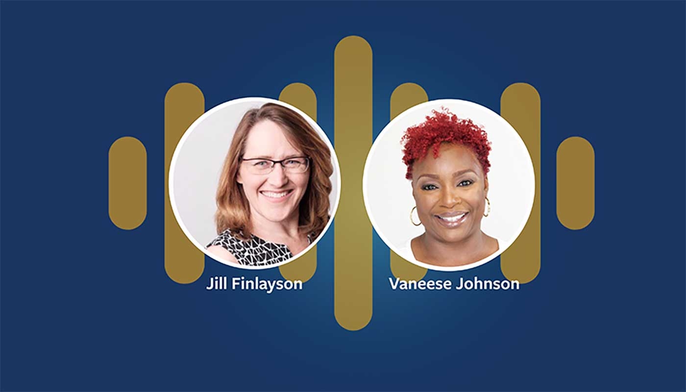 headshots of Jill Finlayson and Vaneese Johnson on blue background